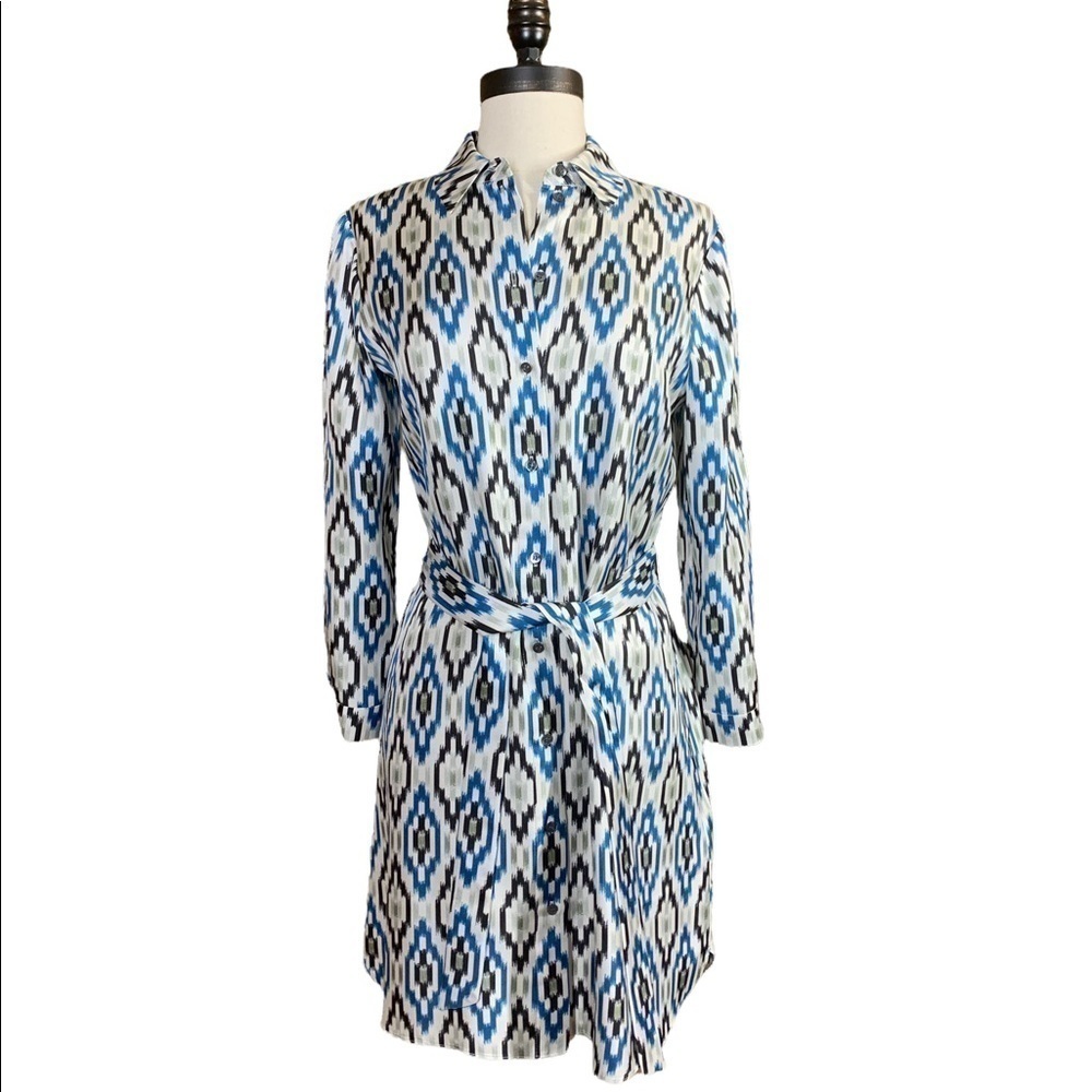 Kira Zabete silk long sleeve button down shirt dress w belt
